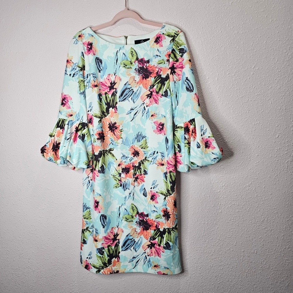 Ronni Nicole Womens Dress Floral Blue Bell Sleeve Shift Midi Wedding Easter - Picture 2 of 9